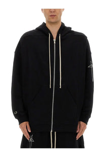 Champion x Rick Owens men’s black zip-up hoodie with cream drawstrings and white star embroidery on sleeve and front