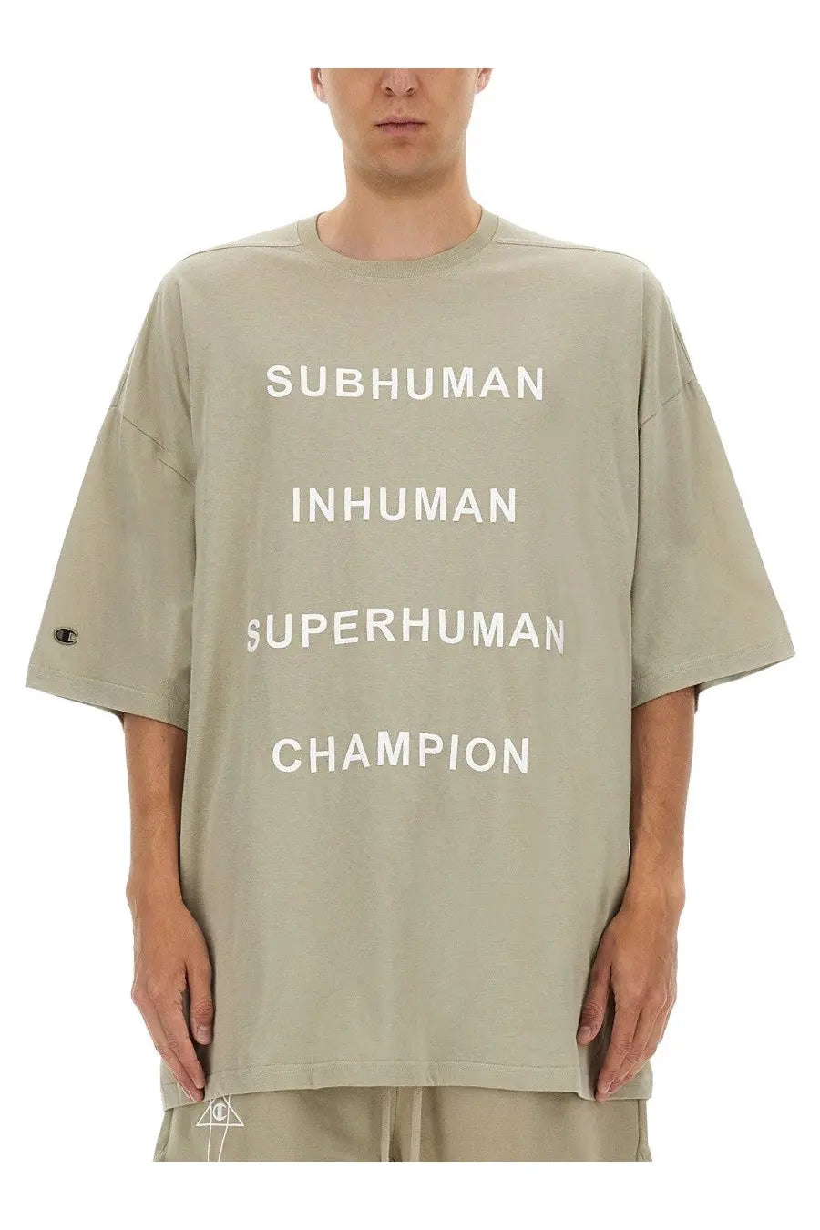 Oversized olive green champion x rick owens men’s t-shirt with bold white subhuman inhuman superhuman champion lettering