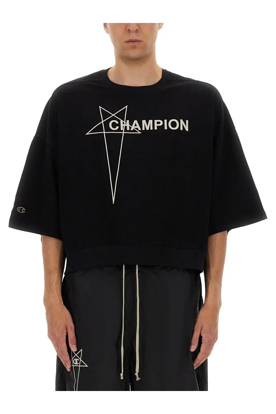 Black champion x rick owens men’s tommy cropped sweatshirt with white geometric star logo and champion text on chest