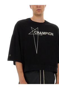 Champion x Rick Owens men’s black Tommy cropped t-shirt with white star and relaxed fit short sleeves