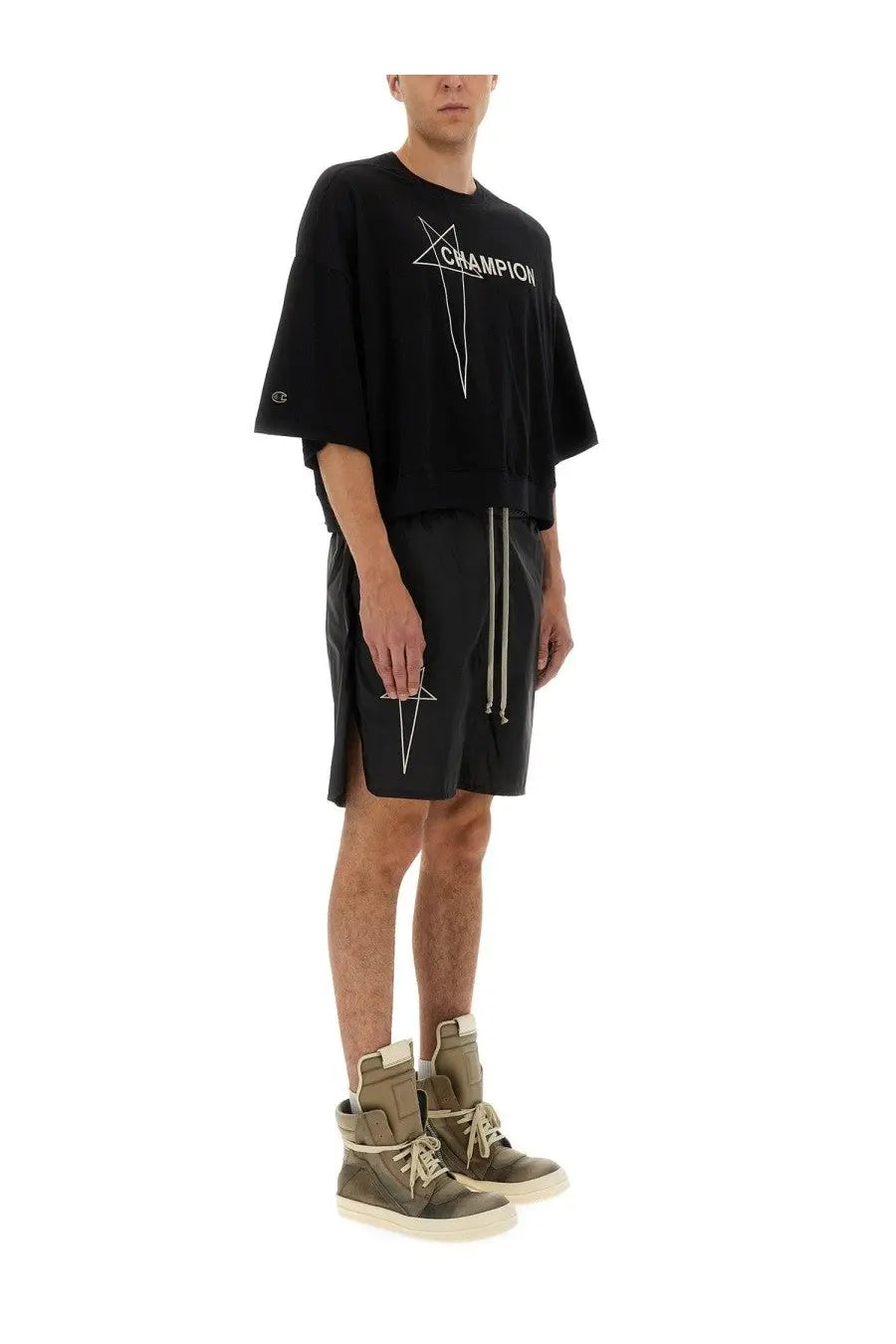 Champion X Rick Owens men’s black cropped t-shirt with white star and champion text, loose fit, short sleeves