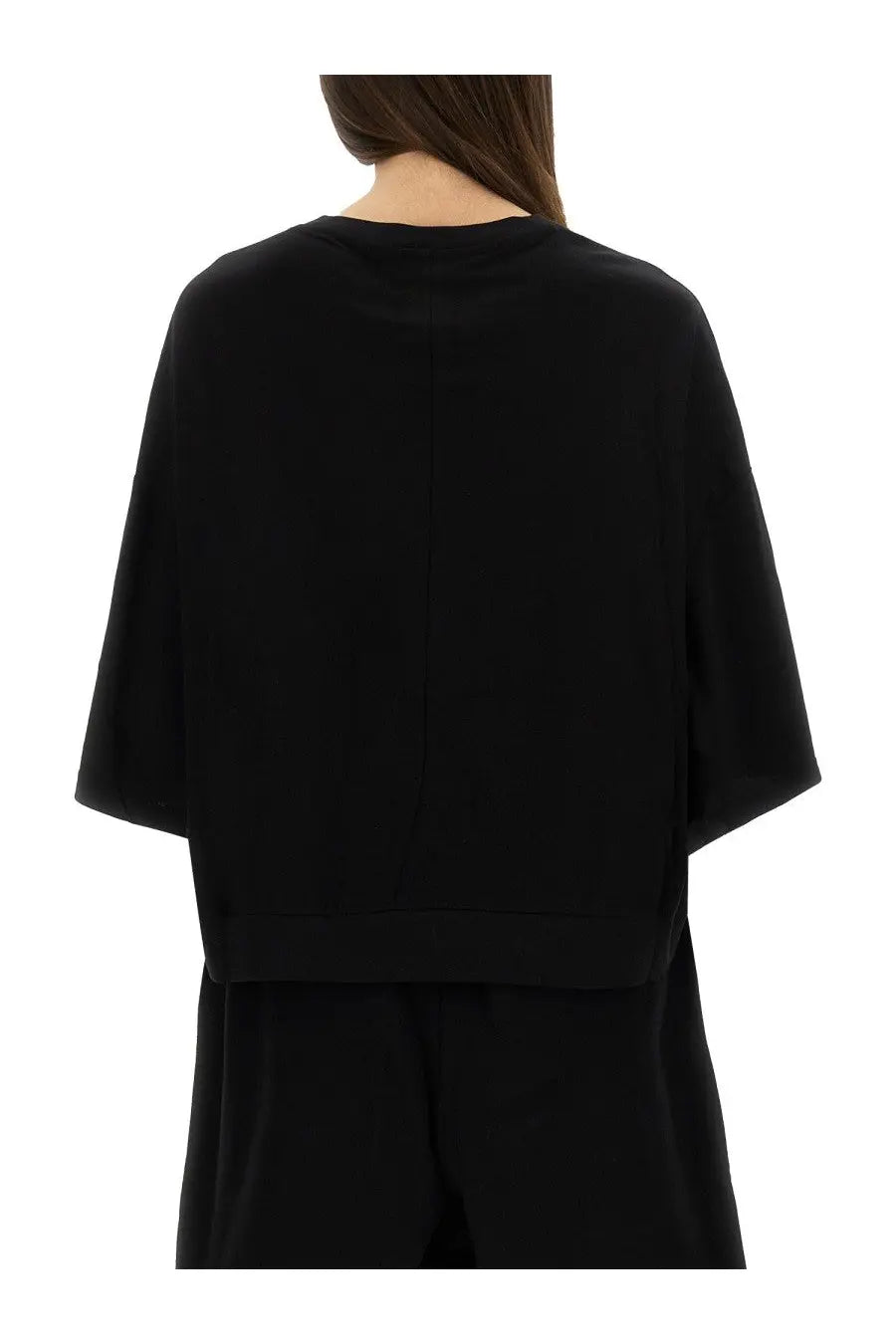 Black minimalist cropped top with loose short sleeves and rounded neckline from Champion x Rick Owens women’s collection
