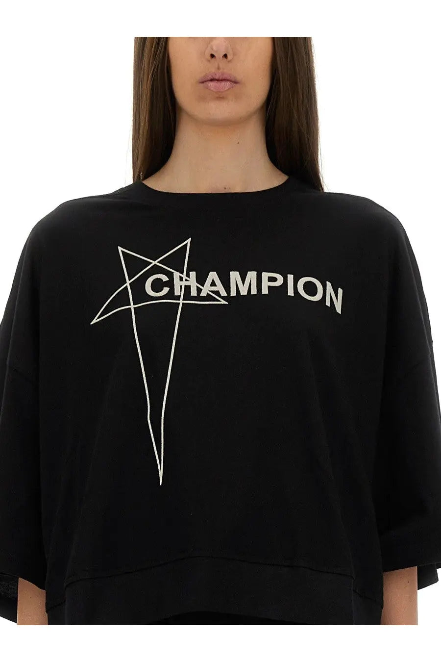 Black champion sweatshirt with white champion lettering and star graphic from champion x rick owens women’s cropped tommy shirt