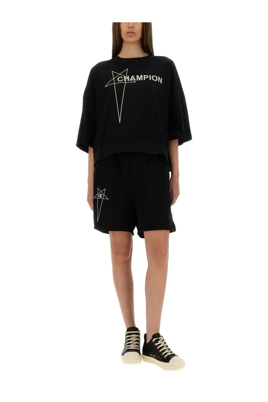 Black champion x rick owens women’s cropped sweatshirt featuring a white star and text graphic on front