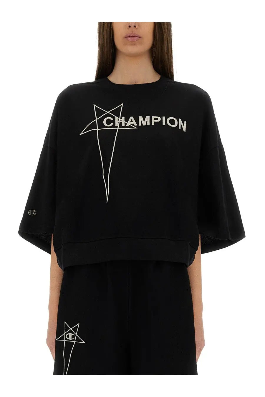 Black cropped champion x rick owens sweatshirt with white star and lettering wide sleeves and relaxed fit