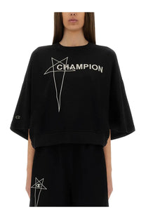 Black cropped champion x rick owens sweatshirt with white star and lettering wide sleeves and relaxed fit