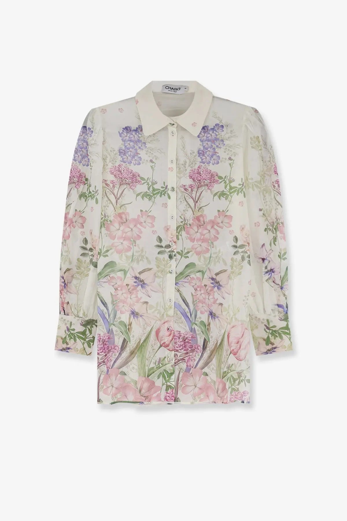 Charo Ruiz Ibiza women’s aster shirt white delicate ivory sheer blouse with vibrant pink purple floral pattern and green leaves