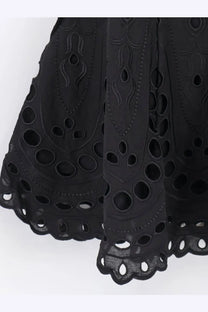 Charo ruiz ibiza women’s bail short dress black featuring a black embroidered lace skirt with cut-out patterns and scalloped hem