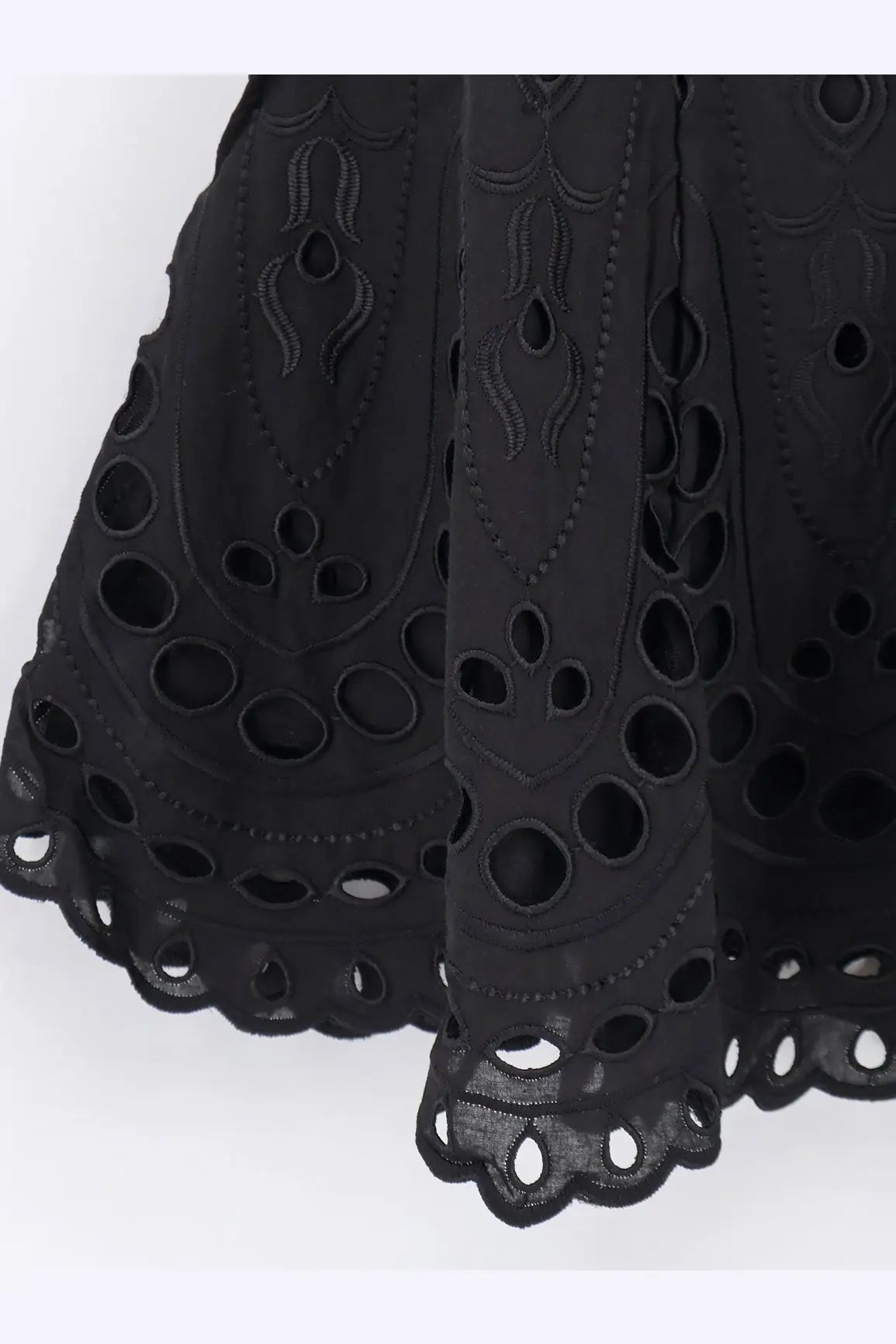 Black embroidered lace skirt with intricate cut-out patterns and scalloped hem from charo ruiz ibiza women’s bail short dress