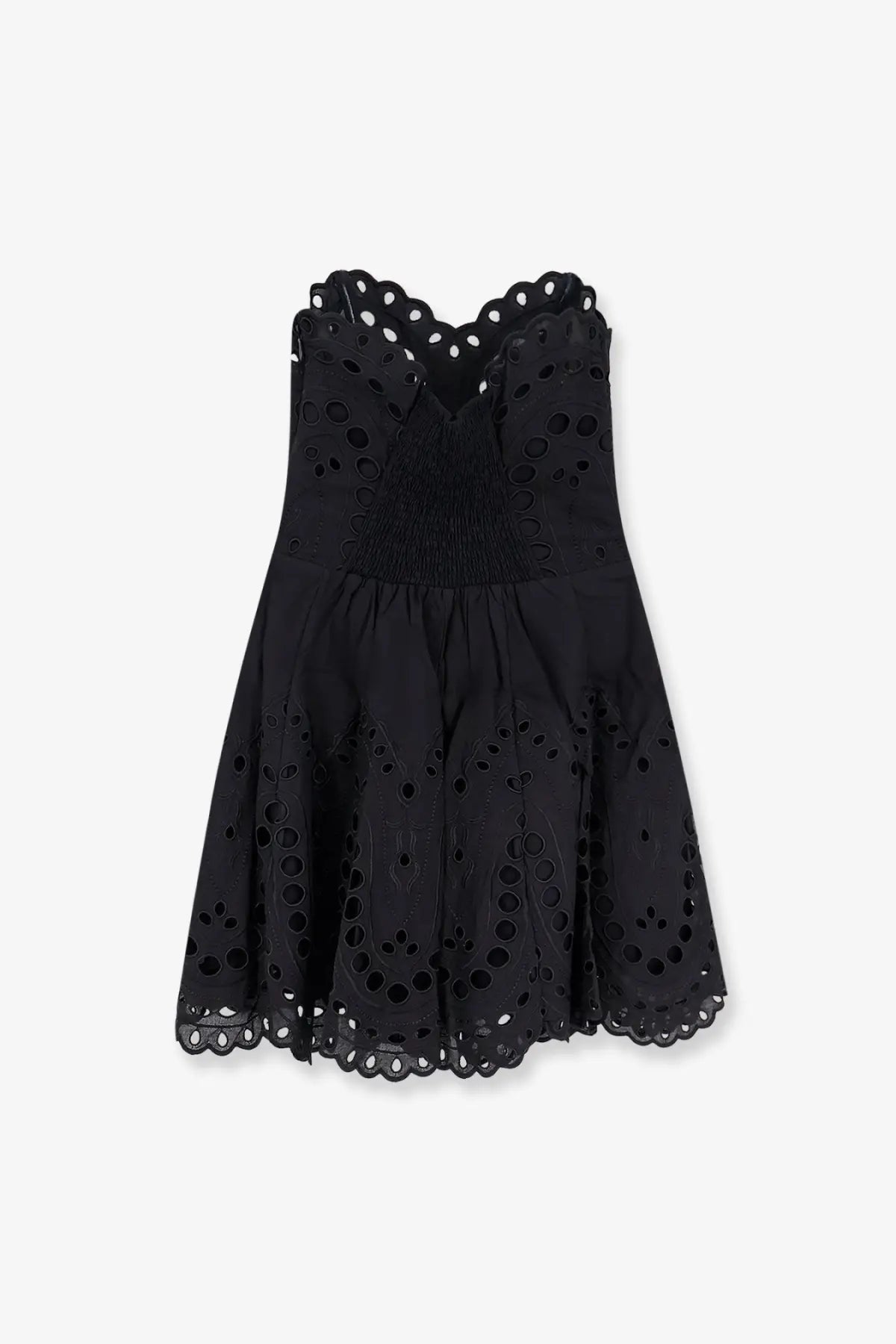 Charo Ruiz Ibiza women’s black eyelet bail short dress with fitted bodice and flared skirt in front view