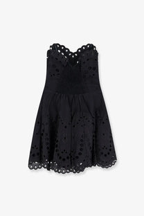 Charo Ruiz Ibiza women’s black eyelet bail short dress with fitted bodice and flared skirt in front view