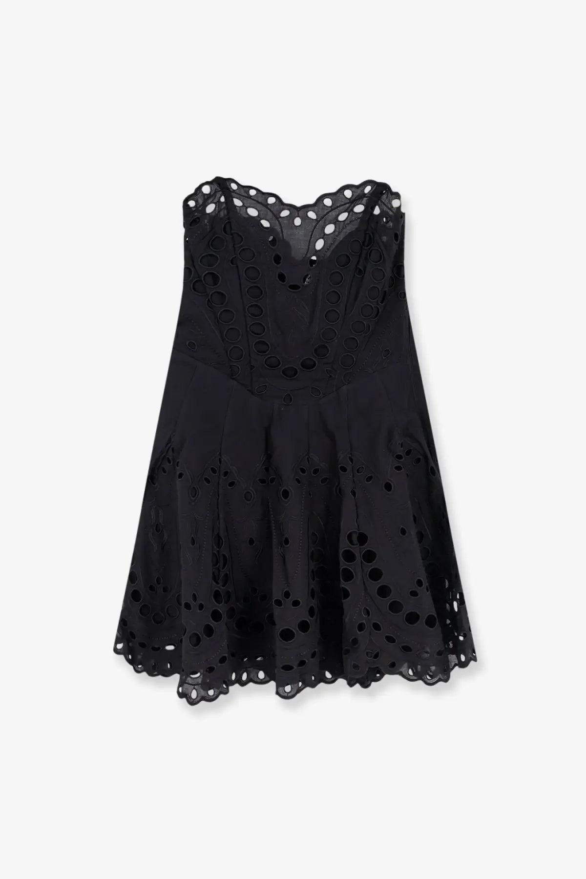 Black eyelet lace bail short dress by charo ruiz ibiza with fitted bodice and flared skirt in black