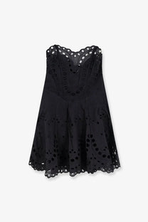 Charo Ruiz Ibiza women’s bail short dress in black eyelet lace with fitted bodice and flared skirt front view