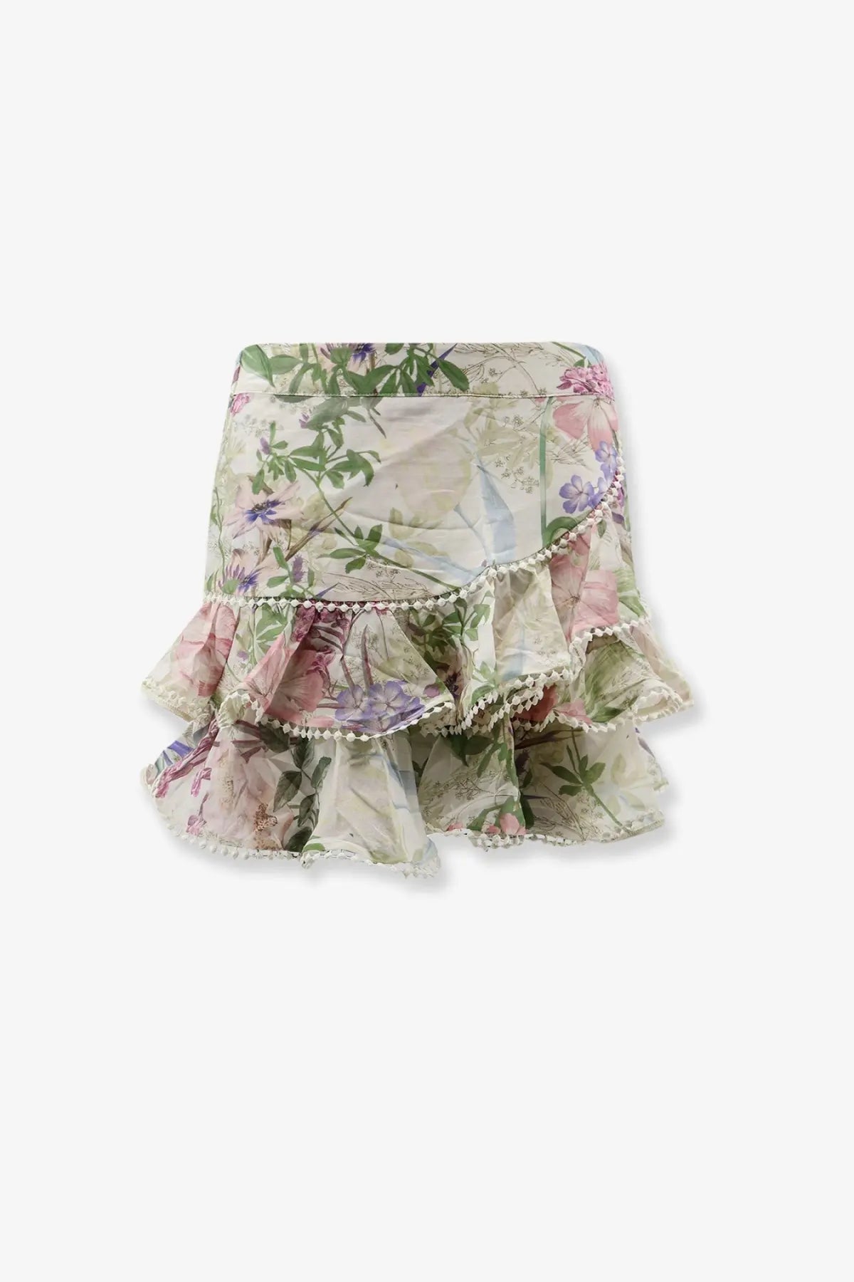 Charo Ruiz Ibiza women’s fera mini skirt white with floral pattern, tiered ruffles, soft pastel tones, and subtle sheen