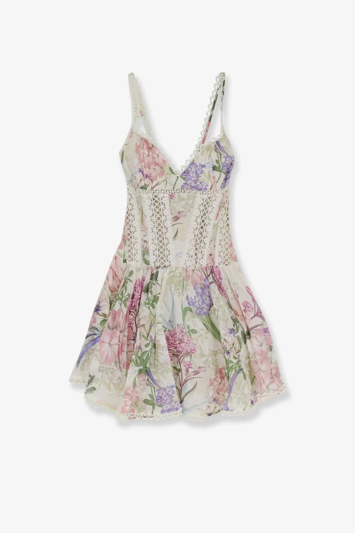 Charo Ruiz Ibiza women’s gardenia mini dress white with delicate floral print lace detailing and thin spaghetti straps
