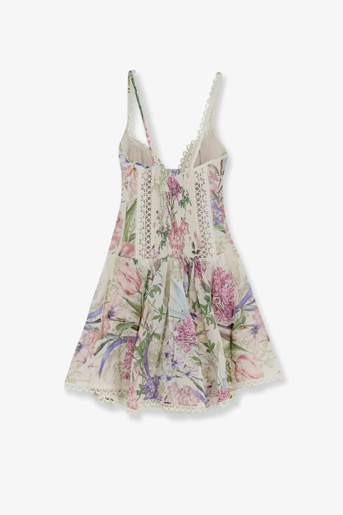 Charo Ruiz Ibiza women’s gardenia mini dress white delicate floral print with lace trim and pastel hues on cream fabric