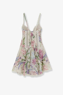 Charo Ruiz Ibiza women’s gardenia mini dress white delicate floral print with lace trim and pastel hues on cream fabric