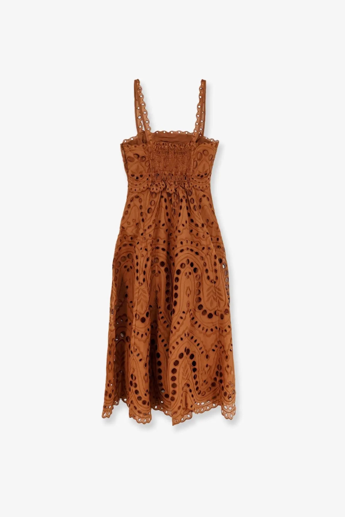 Charo ruiz ibiza women’s glimmer long dress brown with rust-colored lace cut-outs, thin straps, and smocked bodice