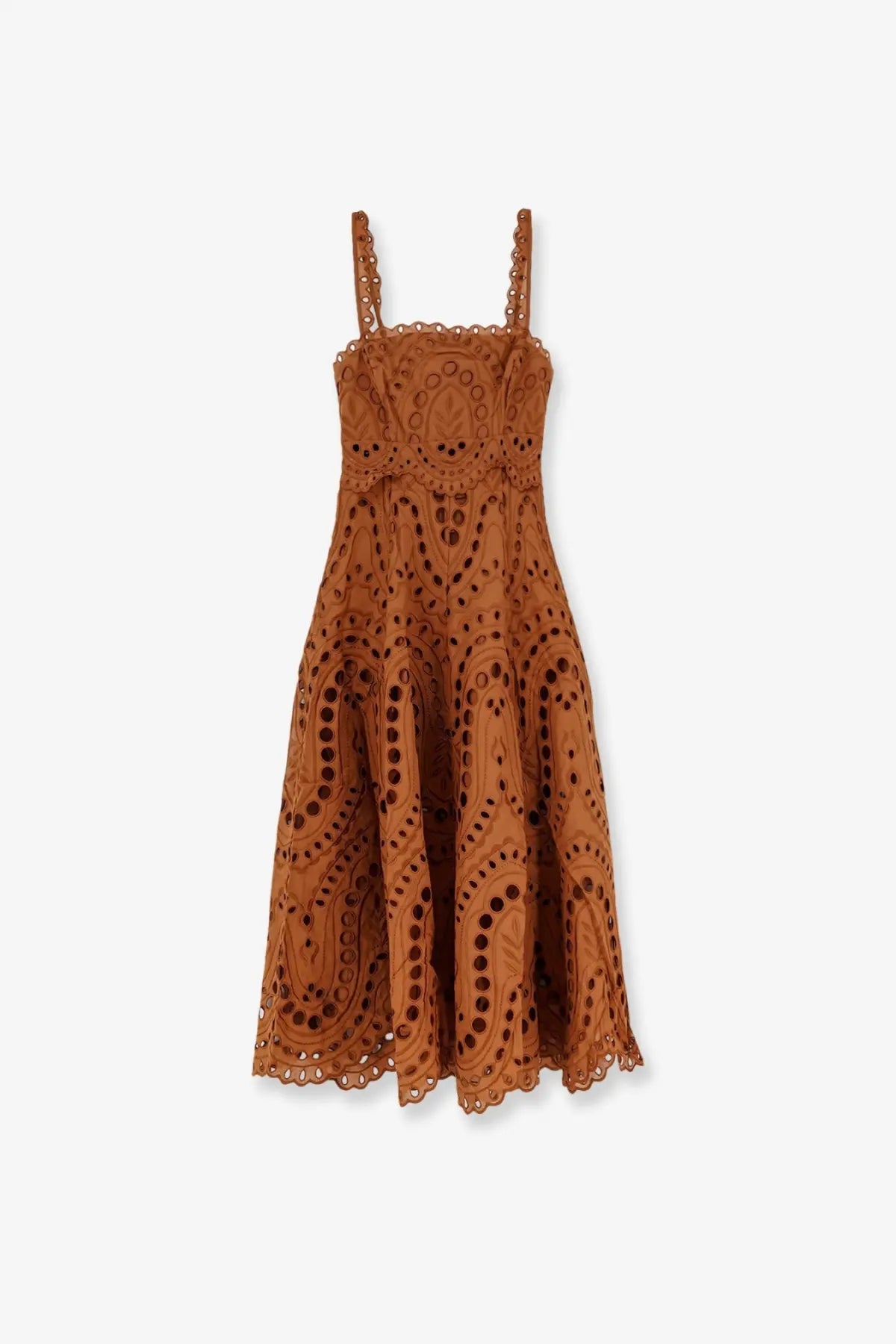 Charo Ruiz Ibiza women’s rust-colored eyelet lace midi dress with delicate spaghetti straps and flowing skirt