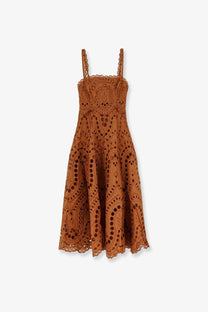 Charo Ruiz Ibiza women’s rust-colored eyelet lace midi dress with delicate spaghetti straps and flowing skirt
