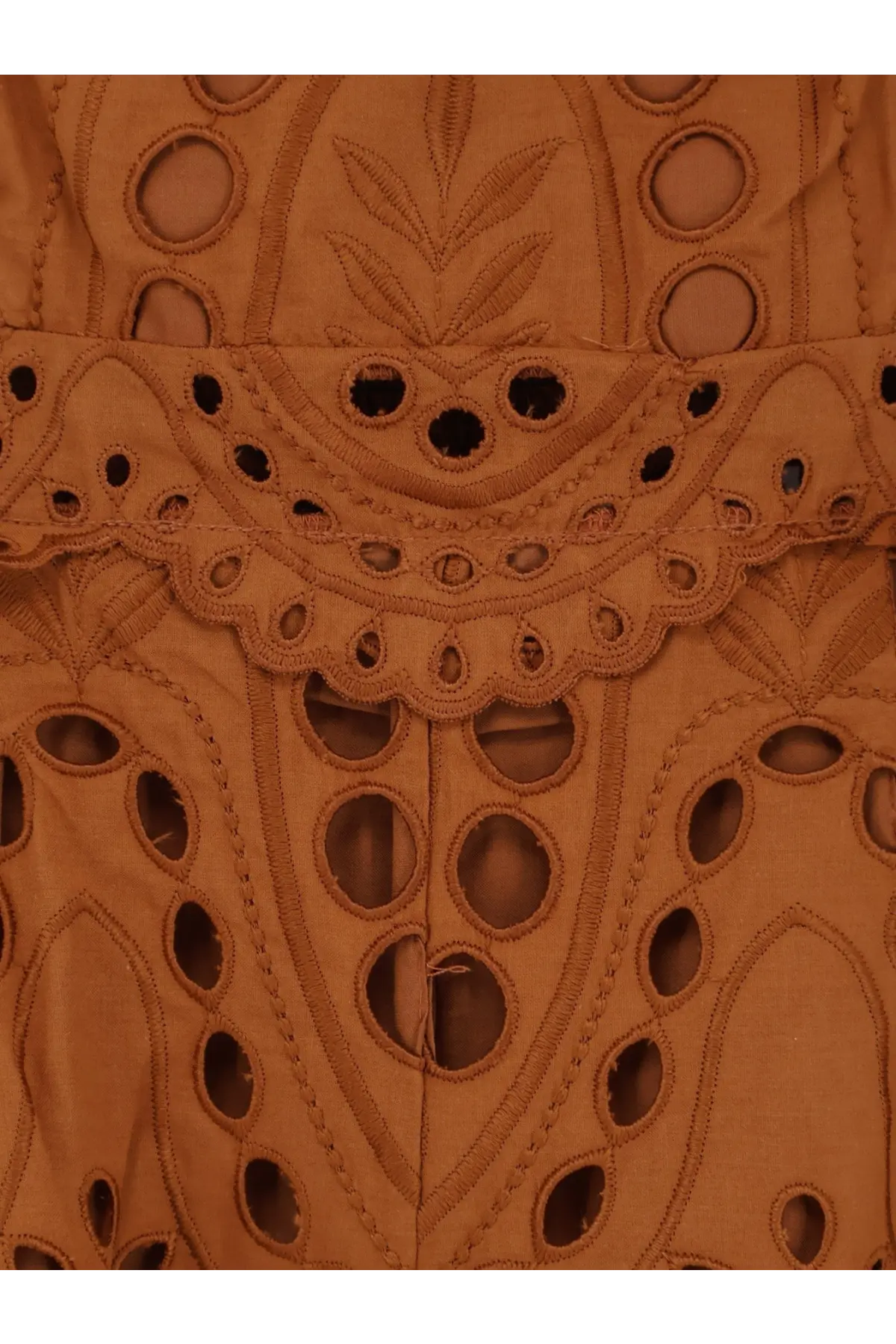 Tan eyelet lace fabric with intricate floral and geometric cut-out patterns on charo ruiz ibiza women’s glimmer long dress brown