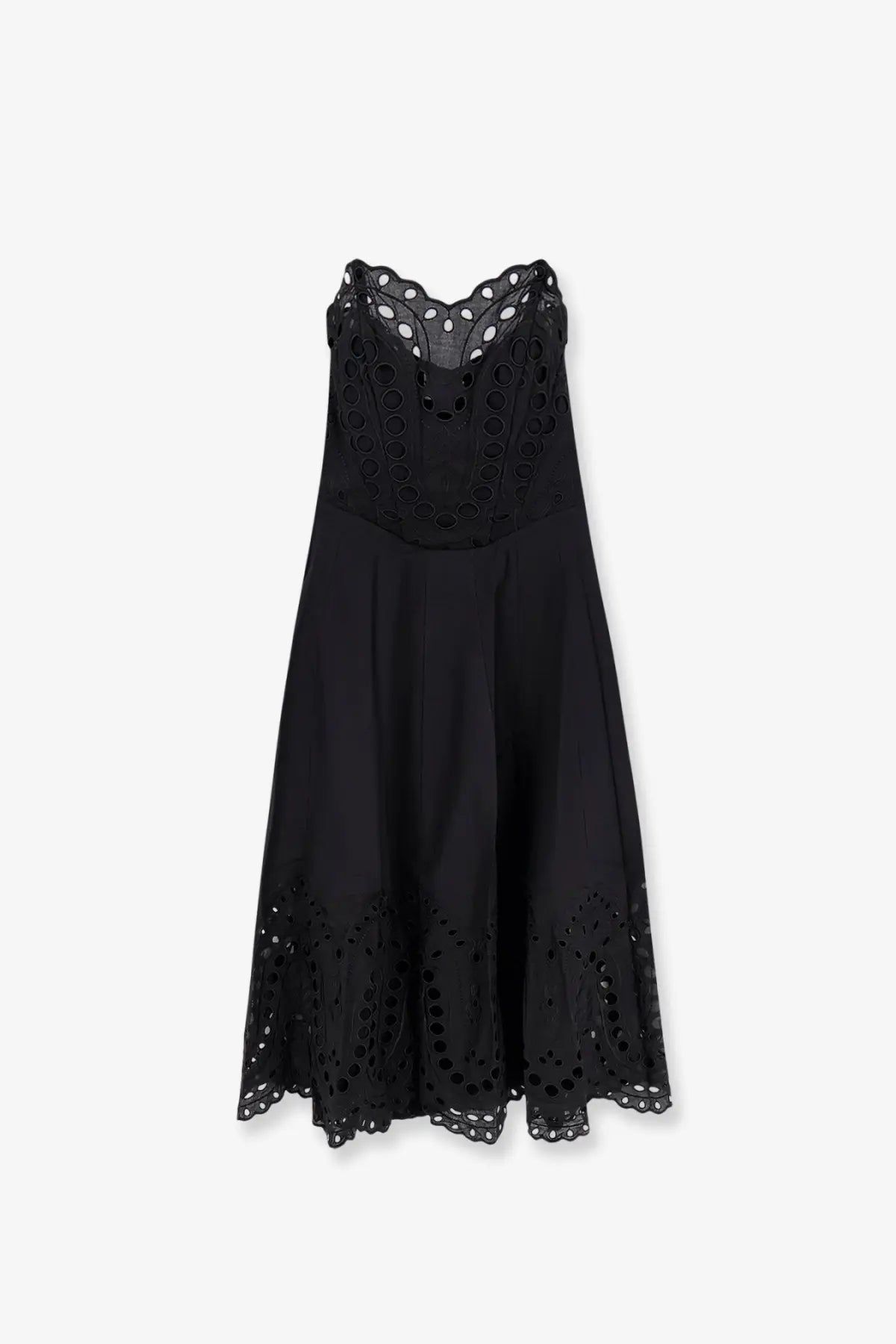 Charo Ruiz Ibiza women’s black sleeveless long dress with intricate eyelet embroidery on neckline and hem