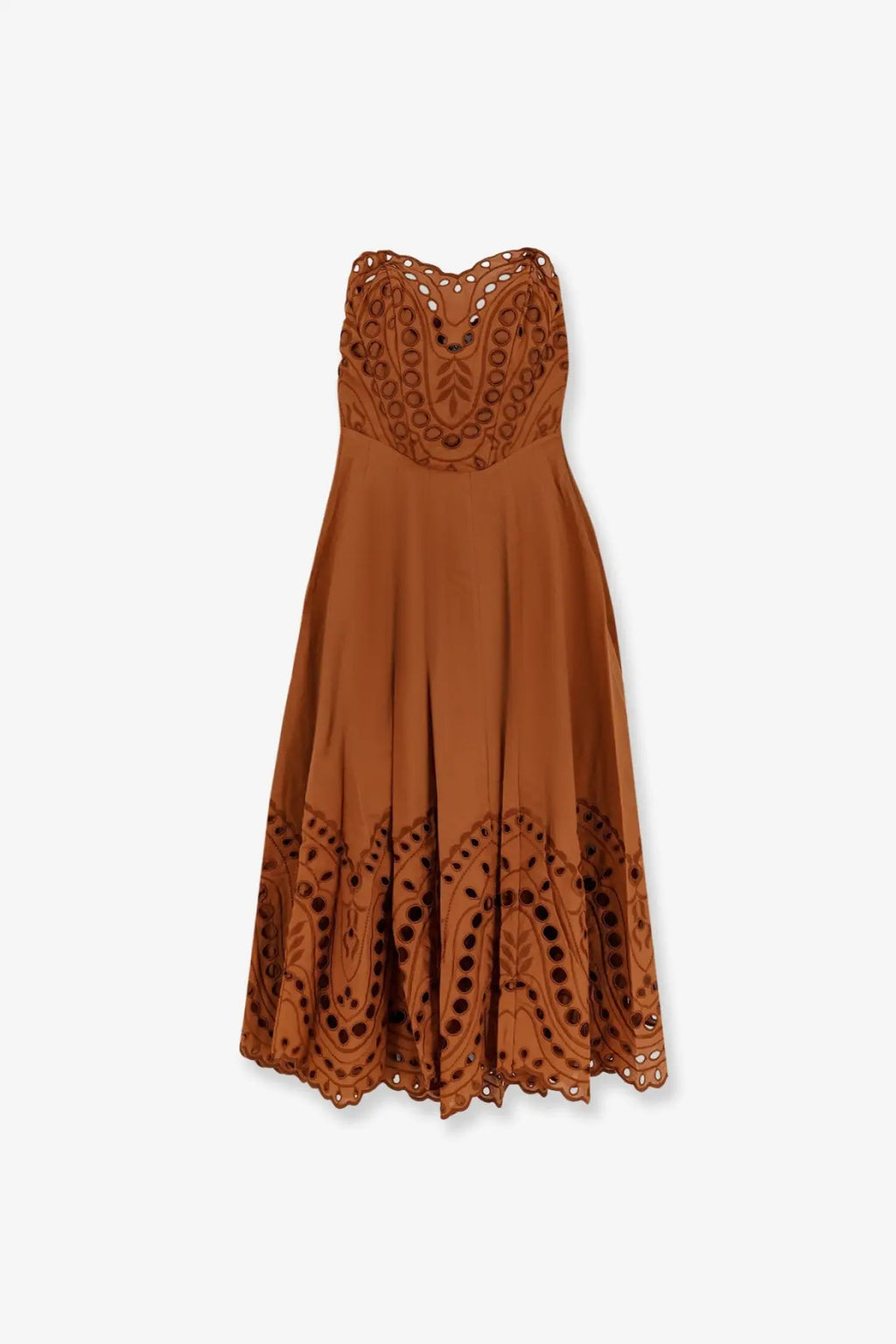 Charo ruiz ibiza women’s marlin long rust-colored strapless dress with intricate cut-out embroidery on bodice and hemline