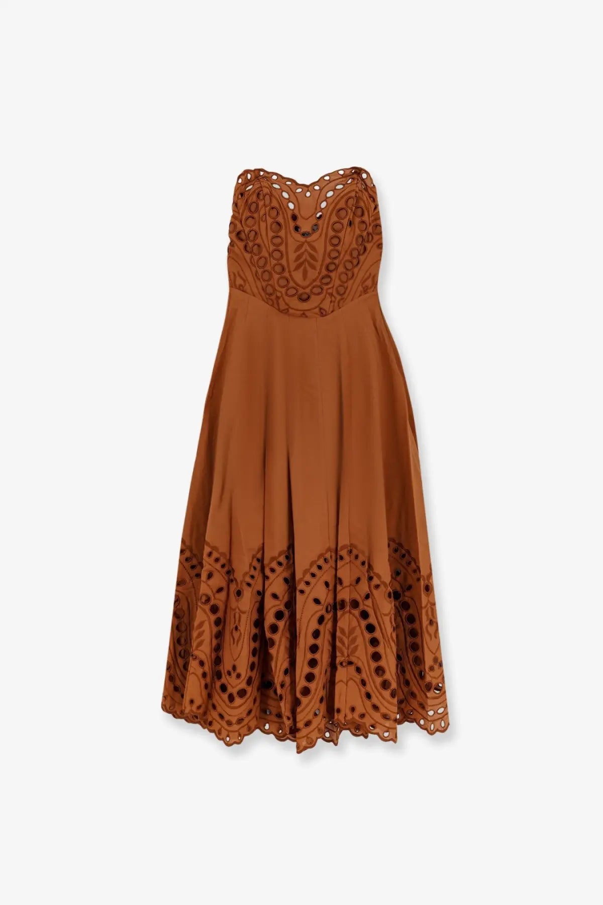Charo ruiz ibiza women’s marlin long rust-colored strapless dress with intricate cut-out embroidery on bodice and hemline