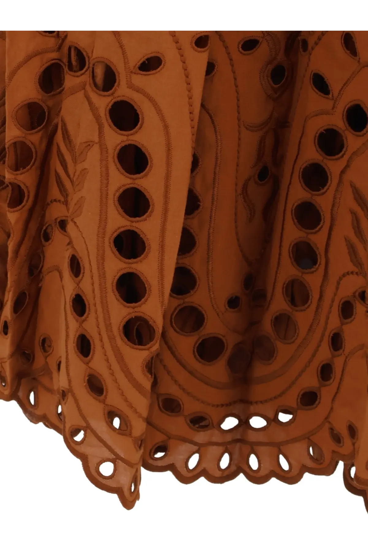 Charo Ruiz ibiza marlin long dress brown featuring a rust-colored skirt with eyelet embroidery and leaf patterns