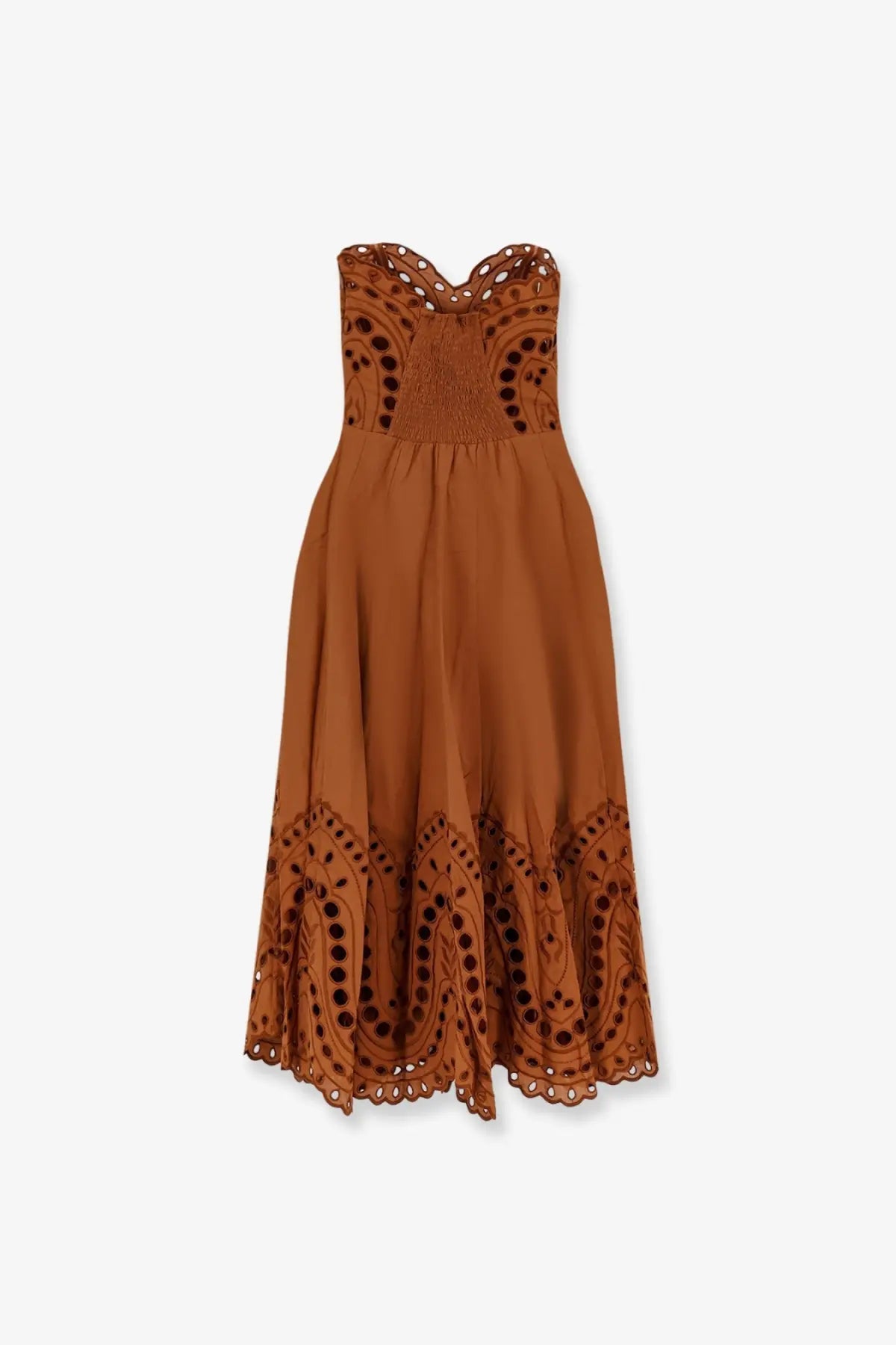Charo ruiz ibiza women’s strapless terracotta dress with black eyelet embroidery on bodice and hemline