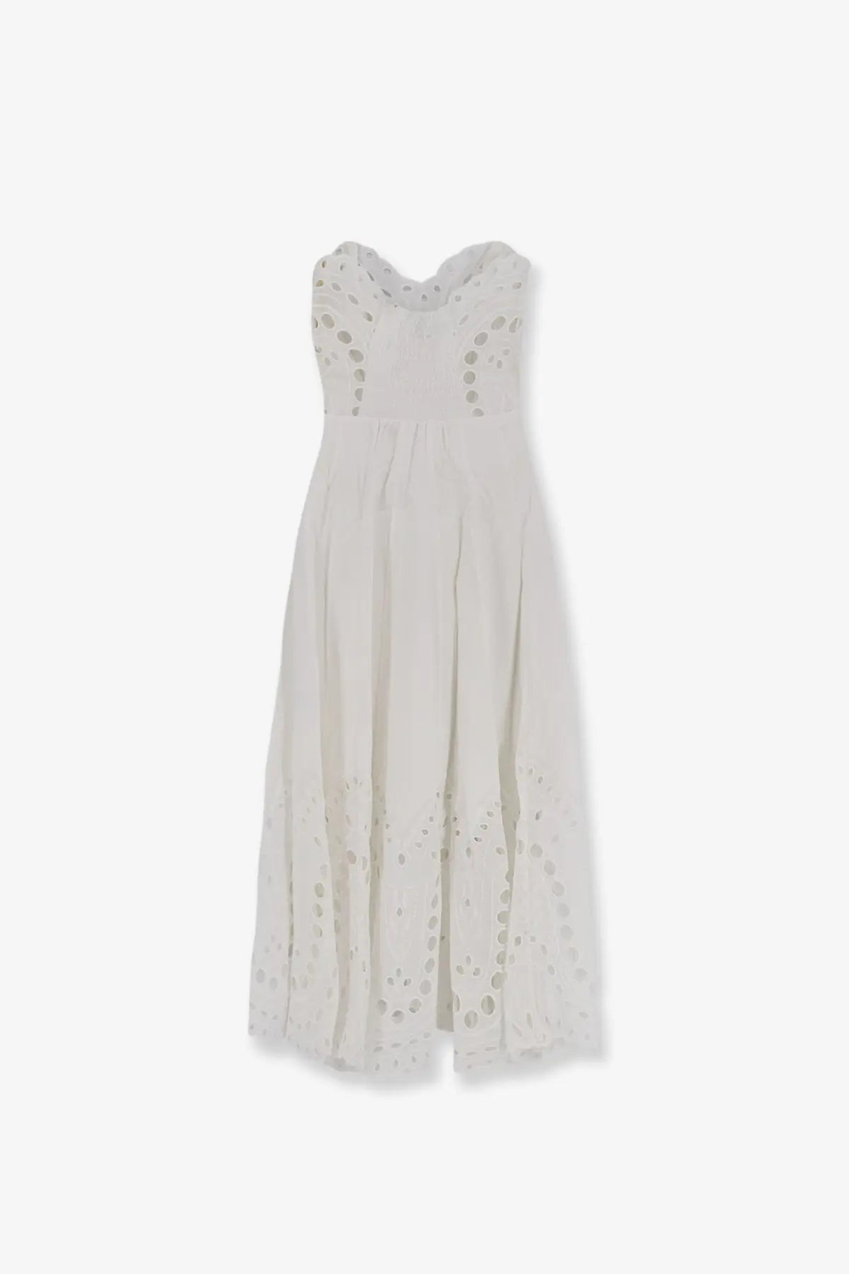 Charo Ruiz Ibiza women’s marlin long dress white with delicate off-white eyelet fabric and intricate circular cutouts