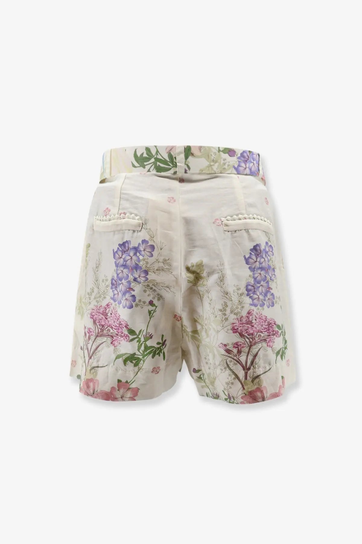 Beige floral charo ruiz ibiza women’s pansy cotton blend shorts with purple and pink blossoms and pearl-trimmed pockets