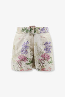 Charo Ruiz Ibiza women’s beige cotton blend shorts with purple and pink floral print and matching belt