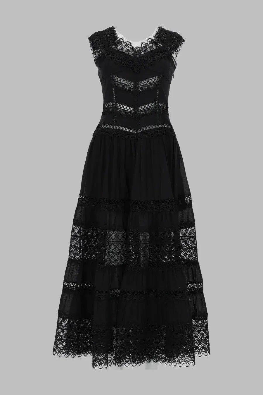 Charo Ruiz women’s abito lungo Amaira black lace overlay dress with tiered skirt and delicate crochet detailing
