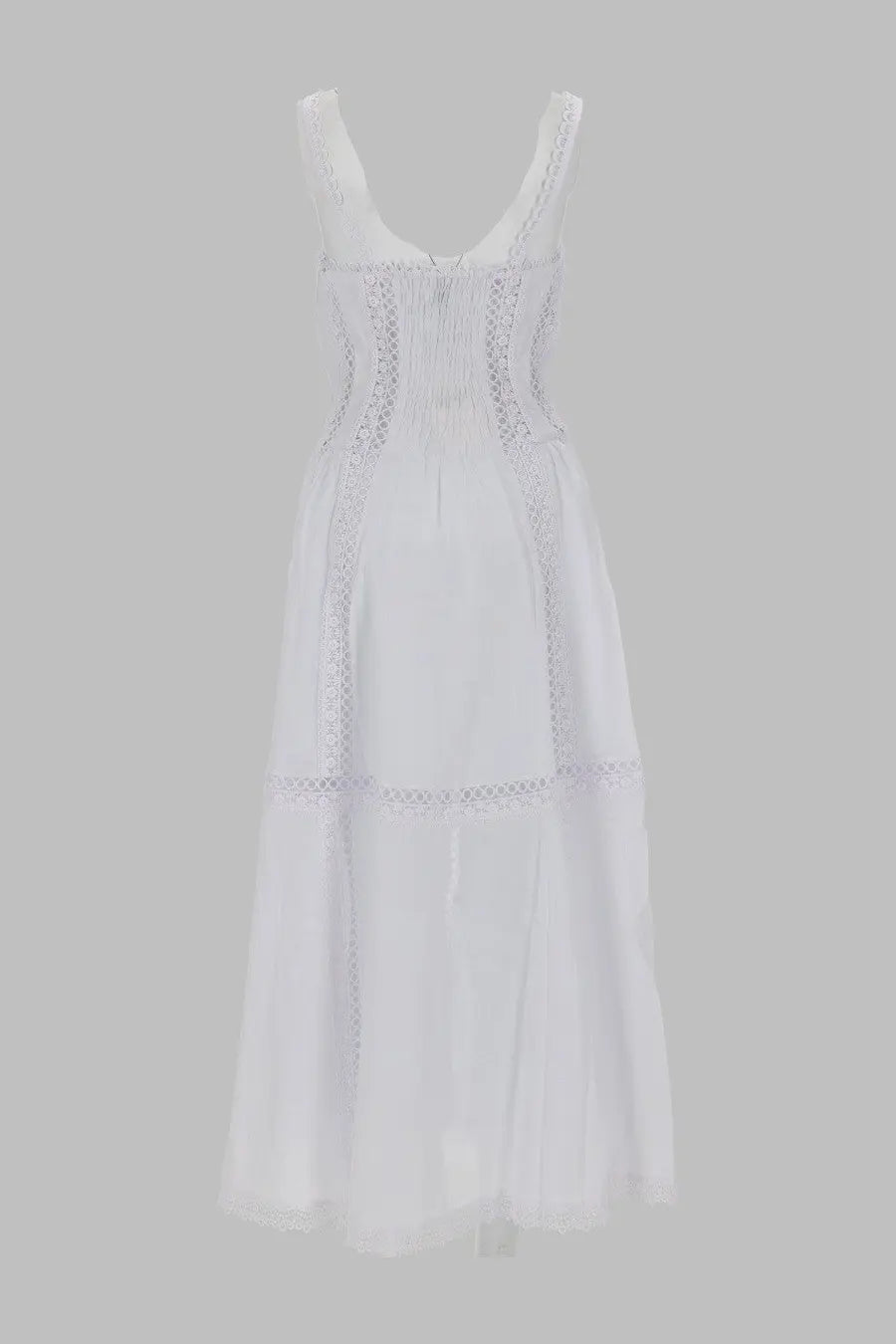 Charo Ruiz women’s abito lungo dafelle white flowing maxi dress with white embroidery and lace detailing on straps and bodice