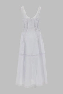 Charo Ruiz women’s abito lungo dafelle white flowing maxi dress with white embroidery and lace detailing on straps and bodice