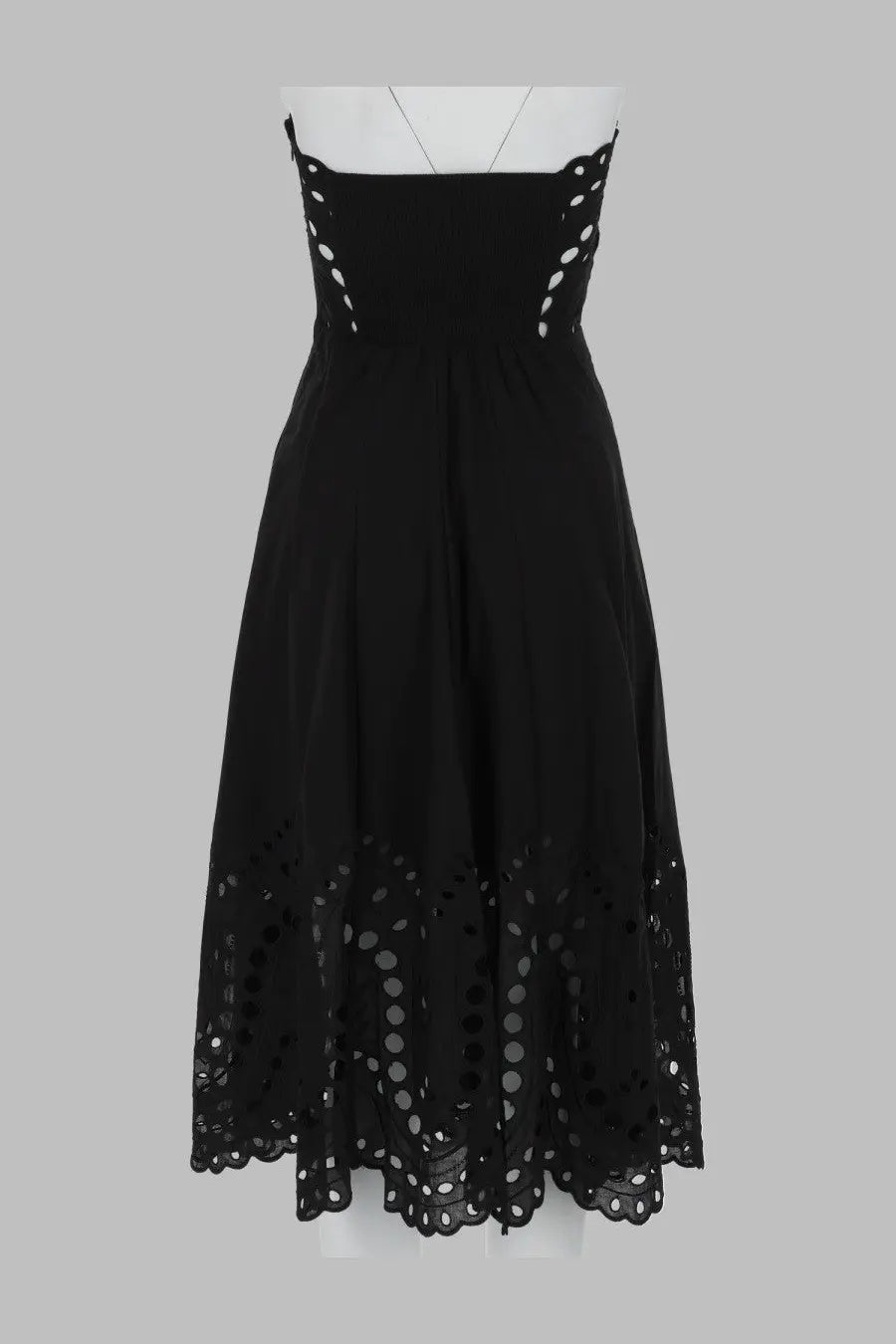 Charo Ruiz women’s black strapless midi dress with eyelet lace detailing and scalloped edges