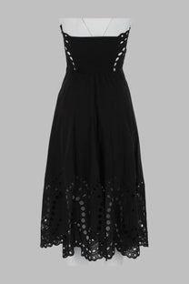 Charo Ruiz women’s black strapless midi dress with eyelet lace detailing and scalloped edges