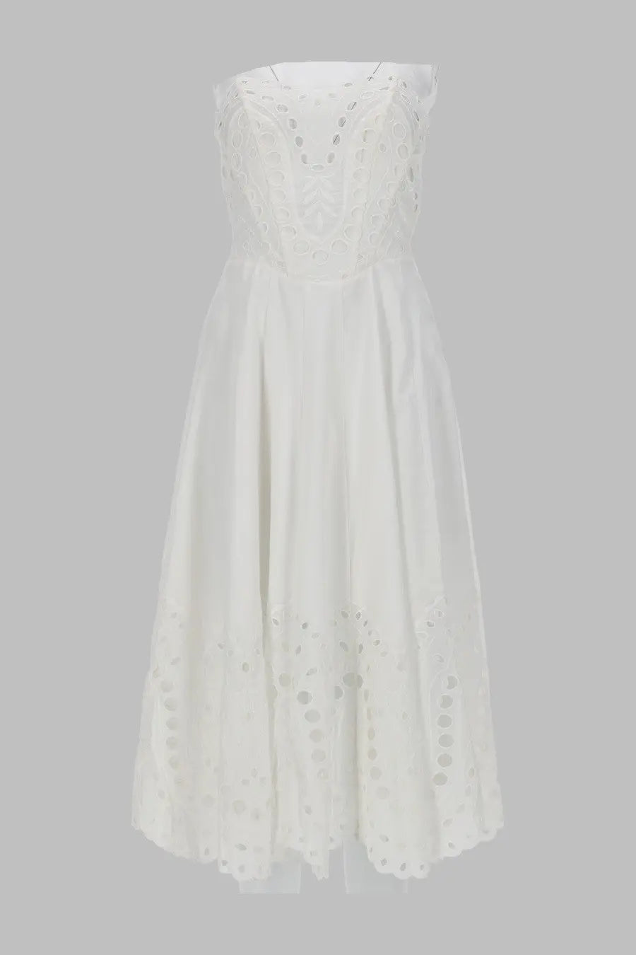 Charo Ruiz women’s abito lungo marlin white strapless dress with delicate eyelet lace on bodice and hem