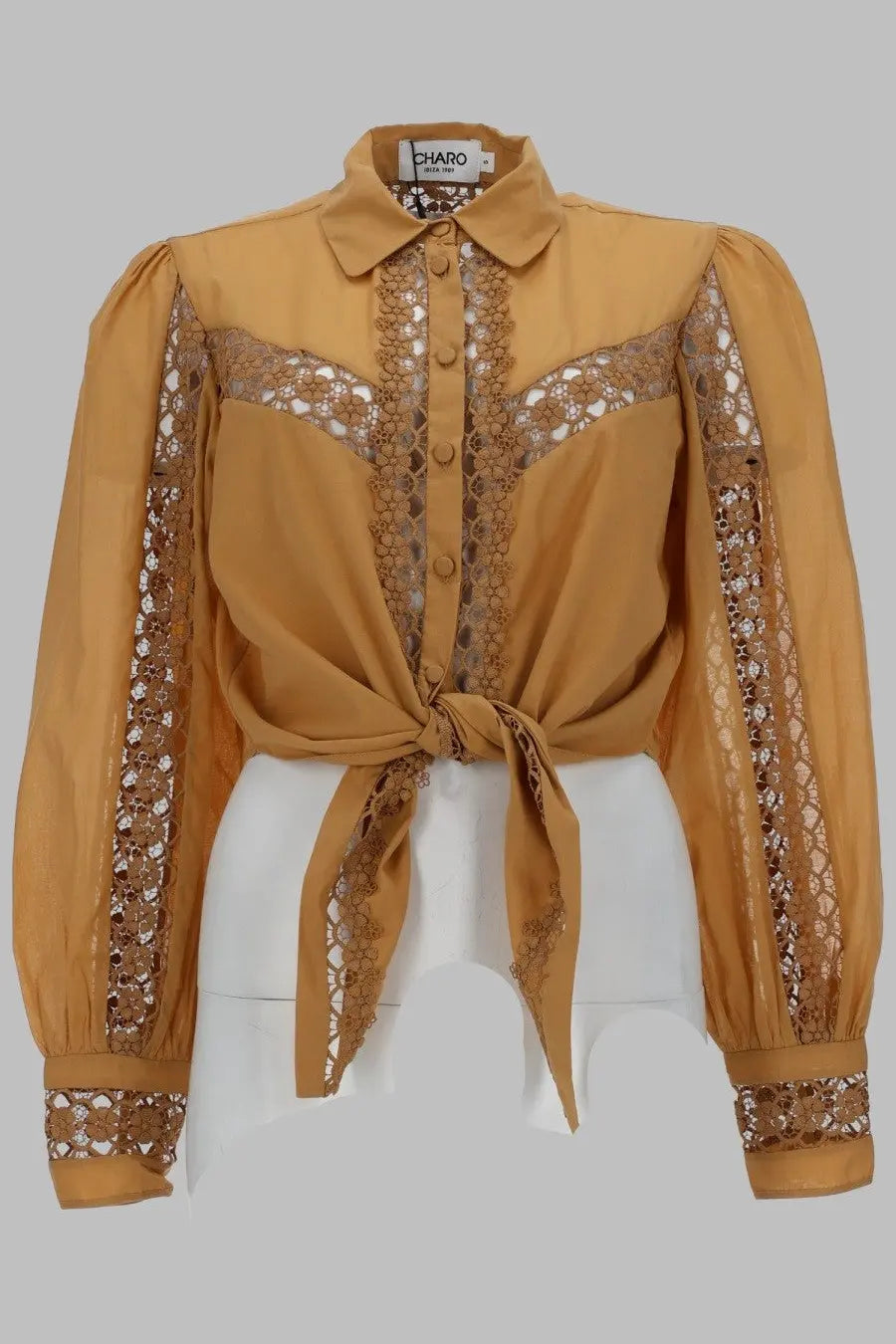 Charo Ruiz women’s blusa devi beige mustard yellow blouse with intricate lace detailing button-down collar and tied waist