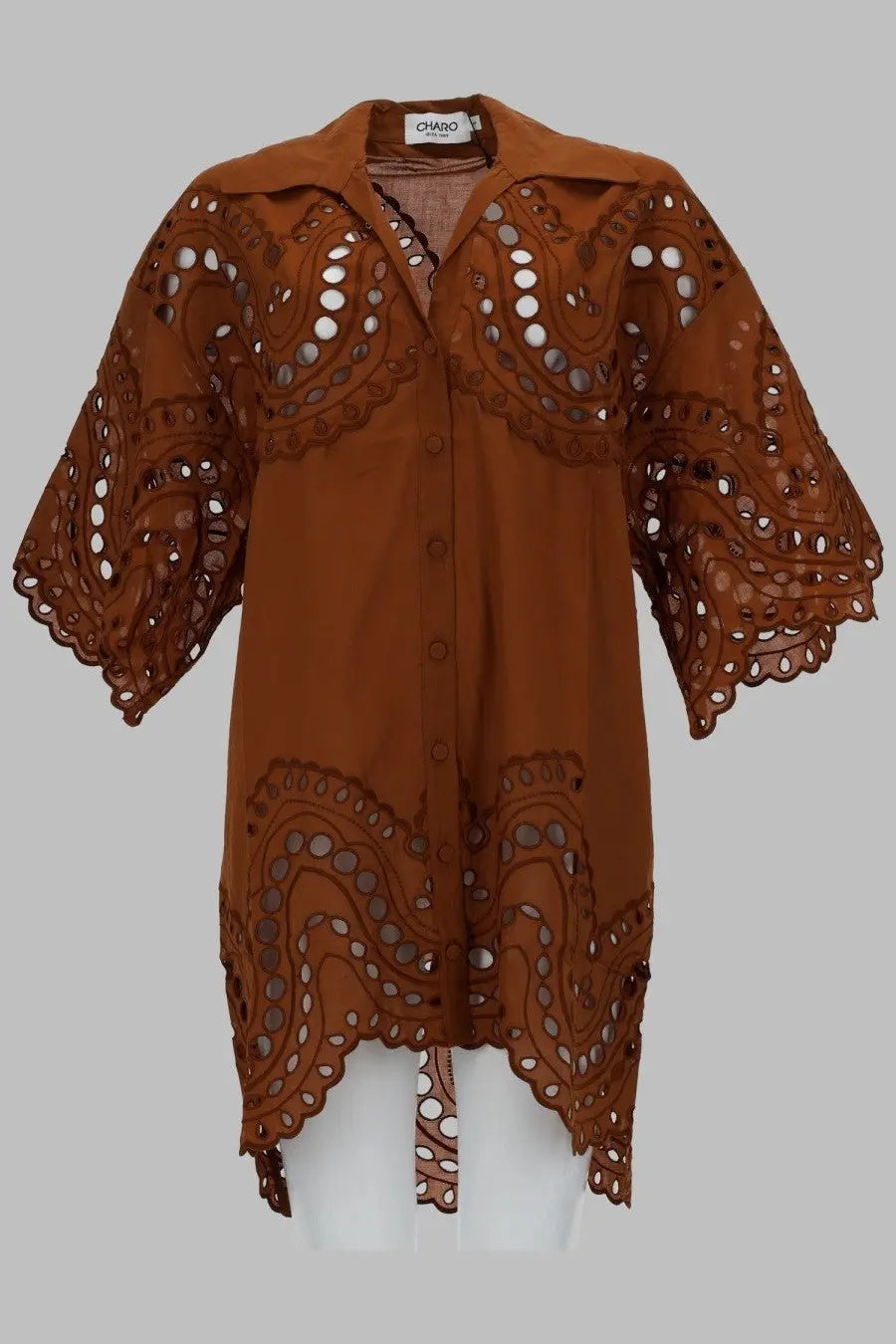 Charo Ruiz women’s blusa tao brown button-down blouse with intricate lace-like cutouts and scalloped edges