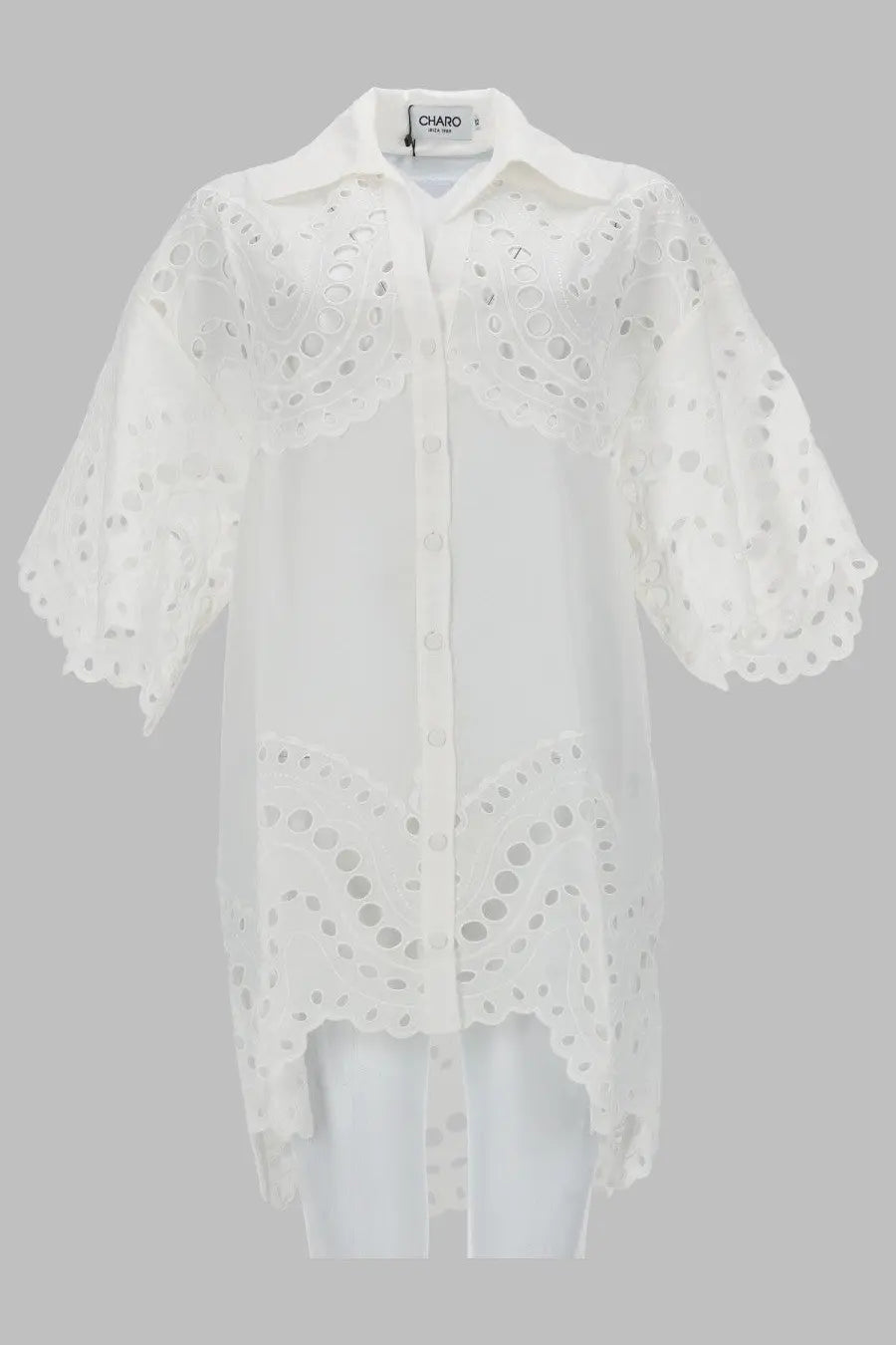 Charo ruiz women’s blusa tao white embroidered blouse with delicate lace and classic collar front view