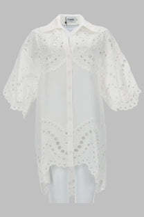 Charo ruiz women’s blusa tao white embroidered blouse with delicate lace and classic collar front view