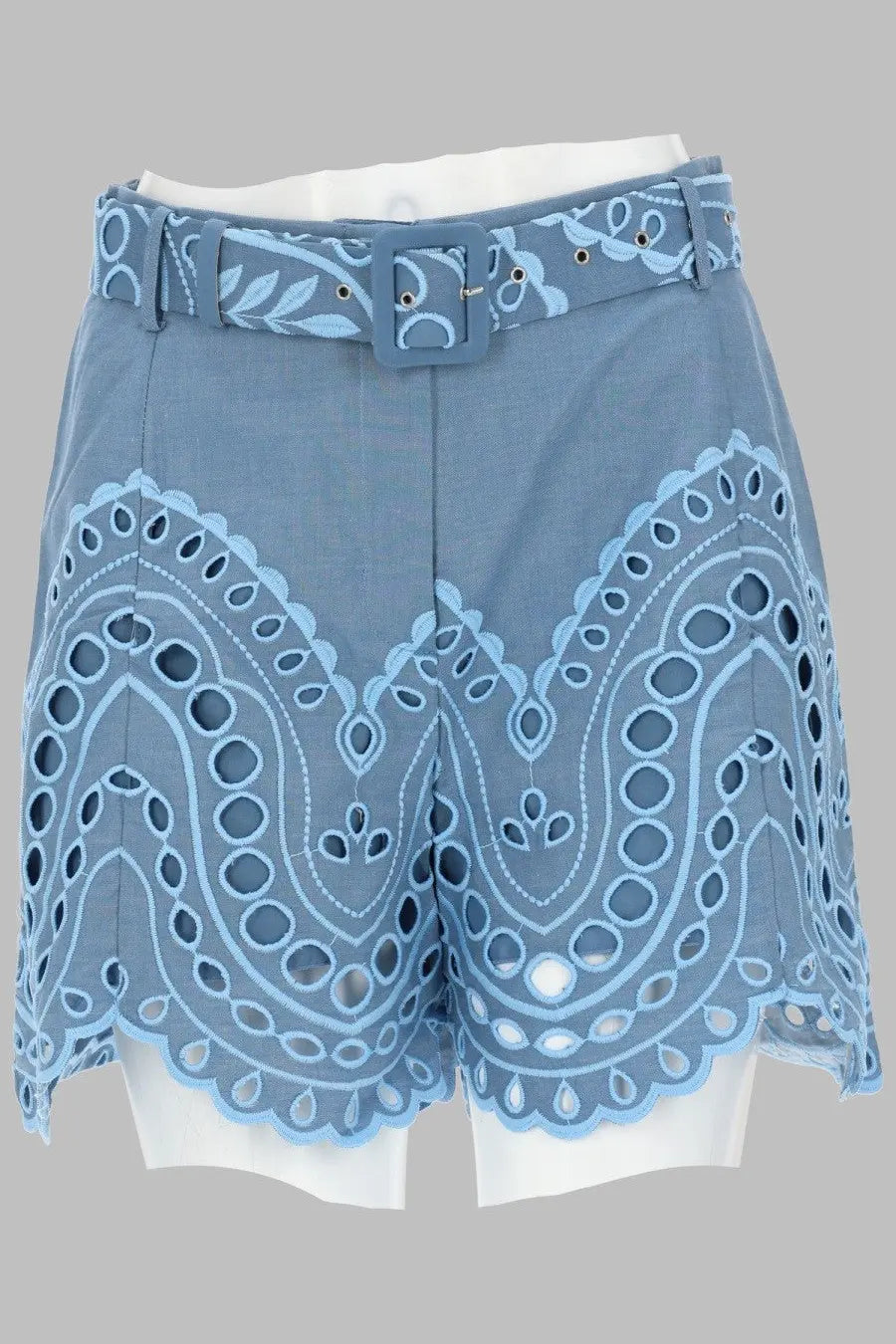 Charo Ruiz women’s light blue embroidered shorts with matching leaf pattern belt and square buckle in dune blue