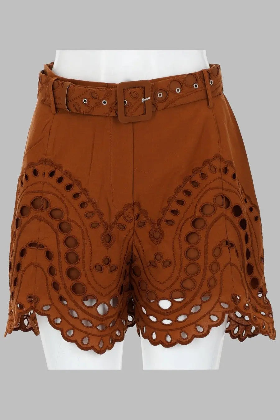 Charo ruiz women’s dune brown shorts with intricate cut-out patterns and matching belt in lightweight fabric