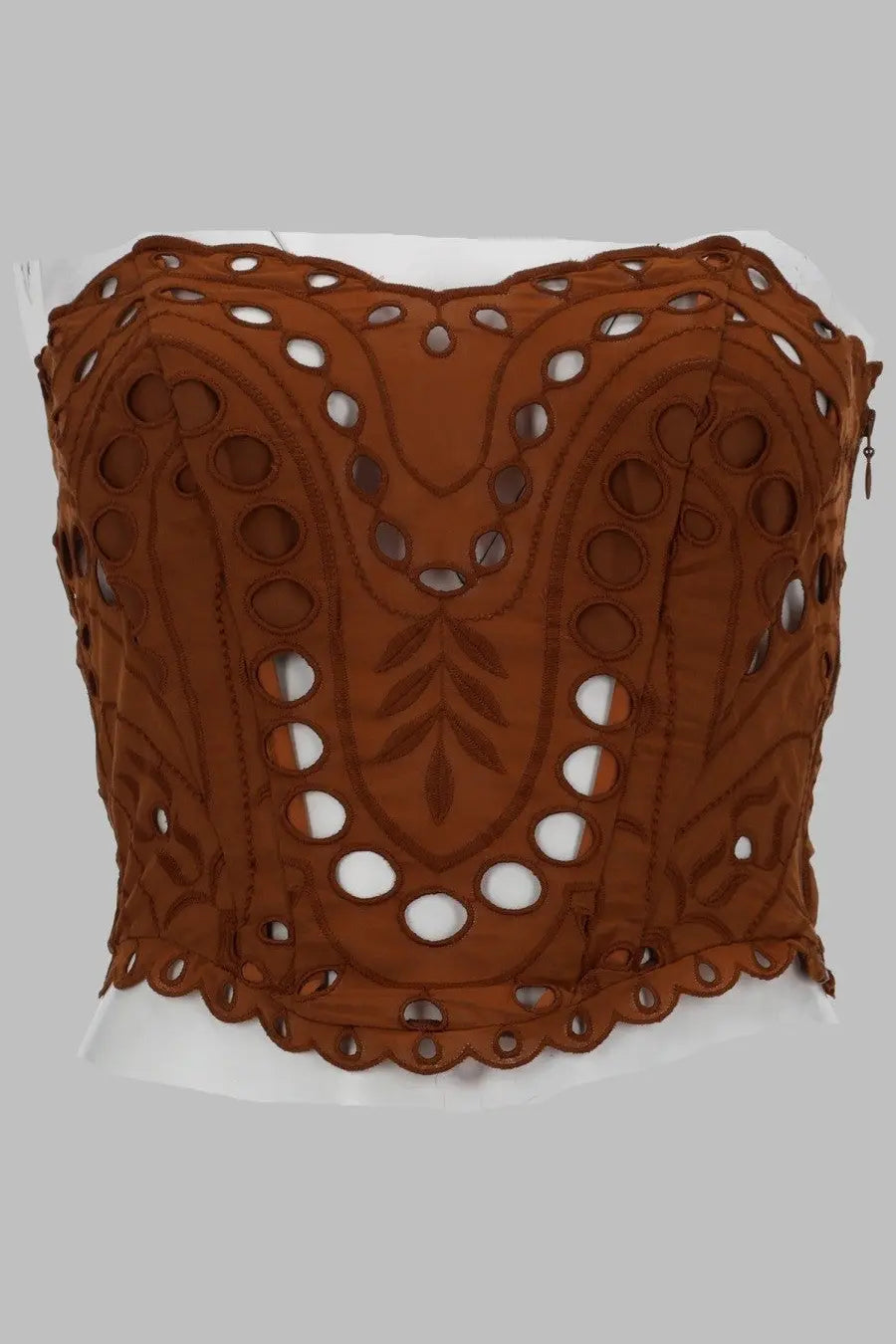 Charo ruiz women’s top kai brown embroidered corset top with intricate cut-out patterns and scalloped edges