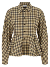Ganni Check Flannel Peplum Shirt Beige