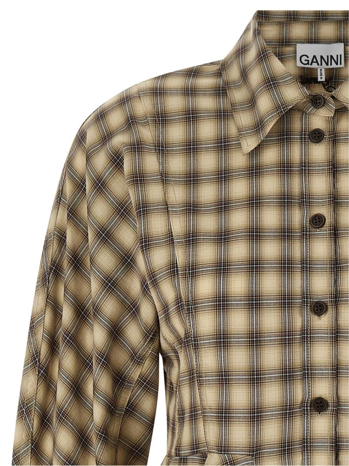 Ganni Check Flannel Peplum Shirt Beige