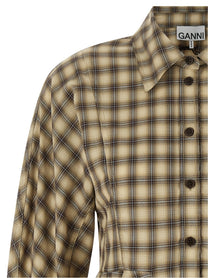 Ganni Check Flannel Peplum Shirt Beige