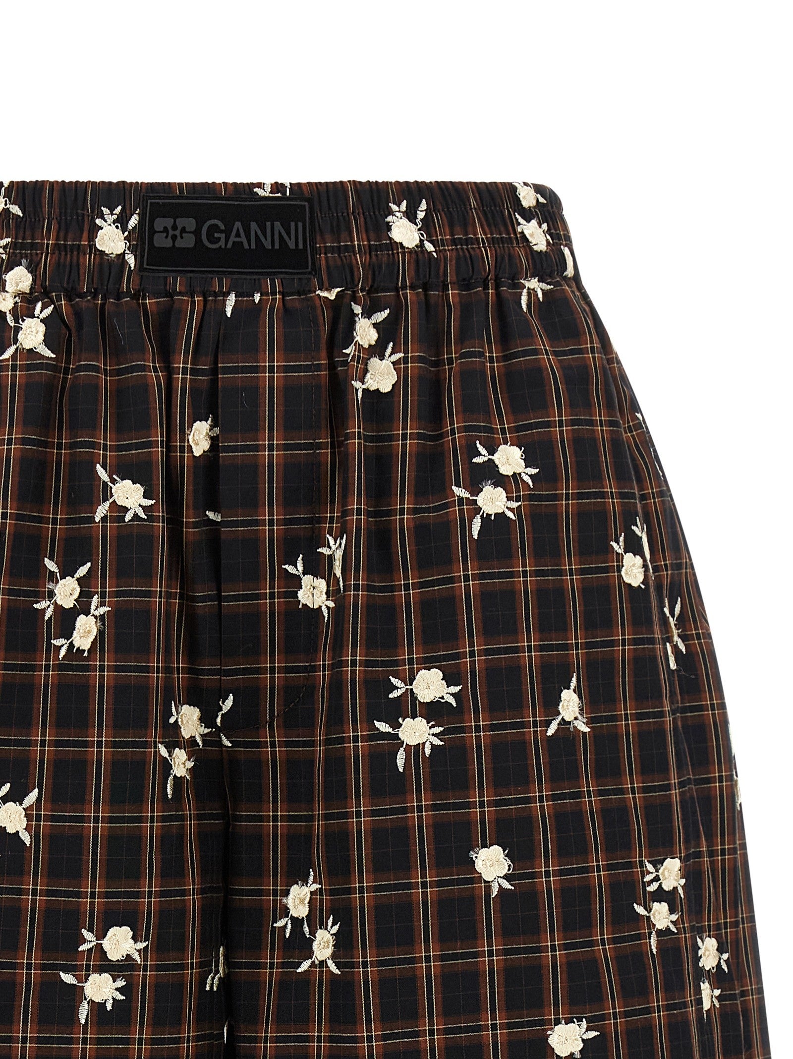 Ganni Check Flower Bermuda Shorts Brown